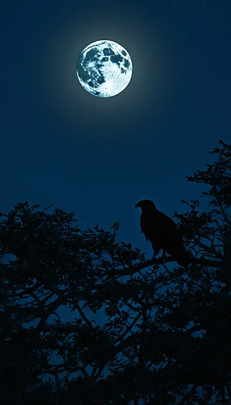 Late Night:1.2、Big full moon:1.2,Big hawk silhouette:1.5、Summer sky,Realistic,とてもRealistic,Attention to detail,Breathtakingly realistic,High contrast realism,High Saturation Realism,Vibrant colors,Dramatic lighting,Charming landscape,Persuasive storytellin...