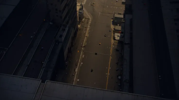 there is a view of a street from a high rise building, random background scene, street background, [[empty warehouse]] background, background in a cinematic, traversing a shadowy city, cinematic level shot, an empty liminal space, anime scene, anime backgr...