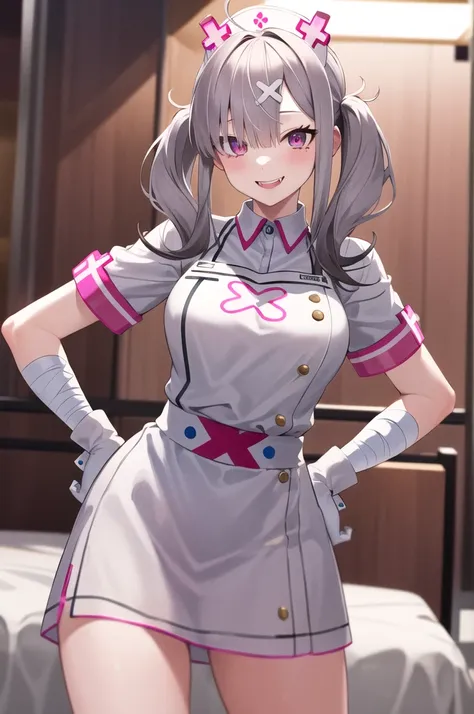 masterpiece, best quality, highres, sk1, white gloves, bandages, white apron, short sleeves, nurse, bandaged arm, wrist cuffs, white dress, Fangs, cowboy shot, standing, hospital bed, smile, hand on hip,Arms folded behind back,side,side汗,She spread her leg...