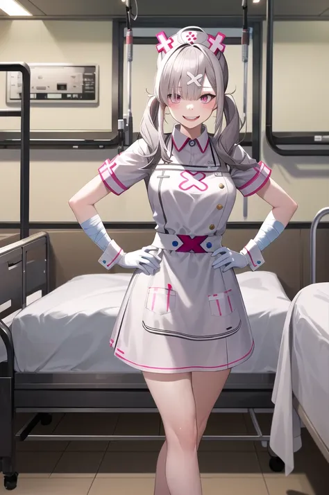 masterpiece, best quality, highres, sk1, white gloves, bandages, white apron, short sleeves, nurse, bandaged arm, wrist cuffs, white dress, Fangs, cowboy shot, standing, hospital bed, smile, hand on hip,Arms folded behind back,side,side汗,She spread her leg...