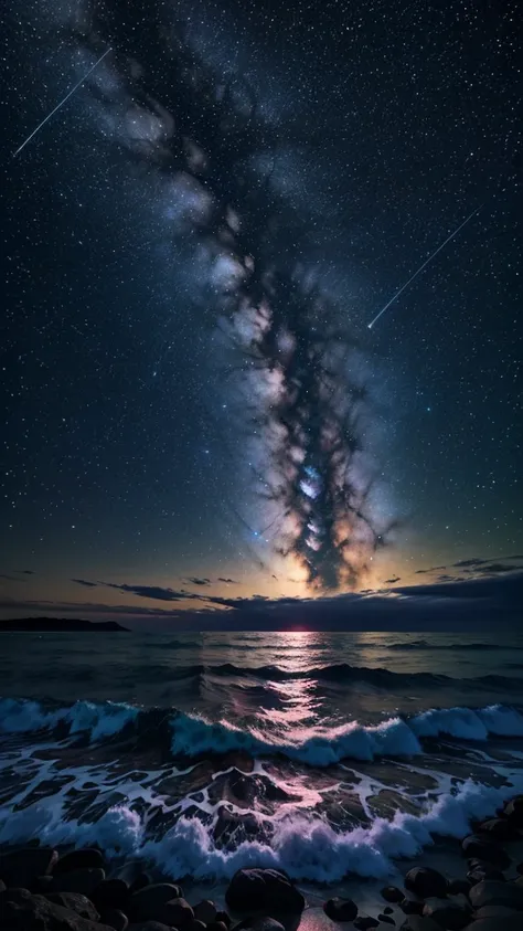 Bioluminescent stars shining in the sky, Pink half moon, Tukoi Sky, Soft cotton cloud, Turkish ocean waves, Shiny, Purple Water, Milky Way, Complementary lighting