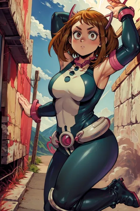 dorohedoro style, ochaco uraraka from my hero academia, cute and sexy, thick ass and legs, uraraka superhero costume