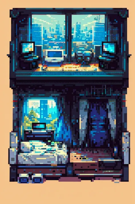 make a room with a window in front, the computer on its side, some gaming accessories and the bed behind the computer and a pixelated character using the computer