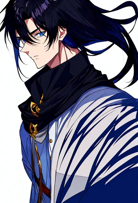 18 year old boy, black hair, scar in his left eye, tied hair, focus face, dark blue eyes