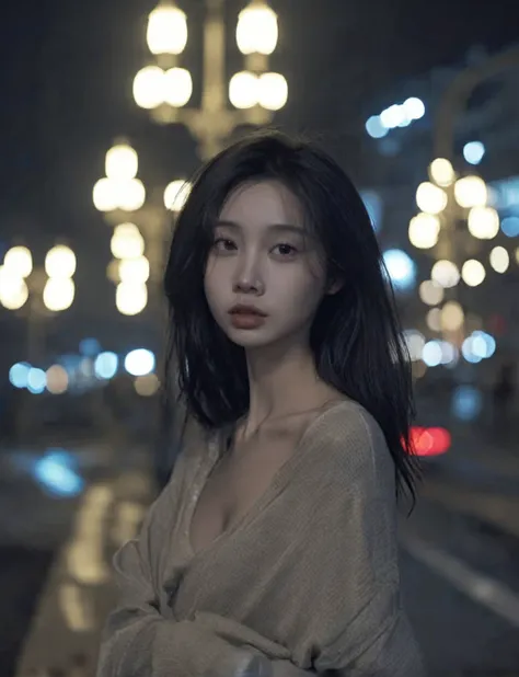 solo,realistic,lips,black hair,collarbone,closed mouth,beside the outdoor street,the dim light of the street lamps at night shin...