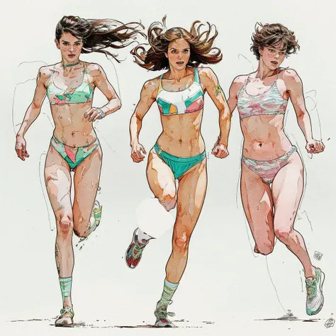 watercolor drawing in Retro-Look, white background, two naked woman runing fast, a skinny and a fat female with shaved pussy, full frontal body view, full body view, highly detailed linework reminiscent of Carne Griffiths, imbued with Wadim Kashims bold co...