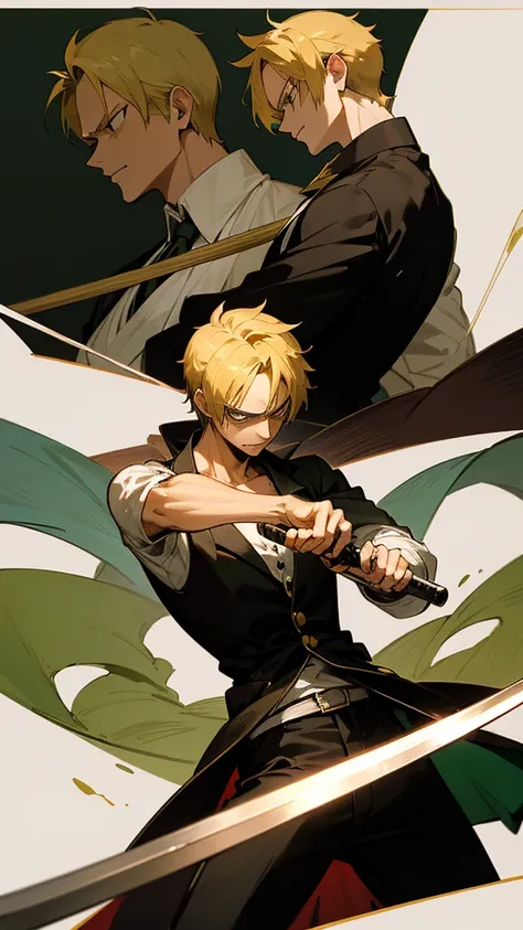 Sanji and Zoro, characters from the anime One piece, looking at each other in a tone of argument, sanji is pulling the lapel of Zoros kimono, Zoro is wielding the handle of his sword against sanjis throat