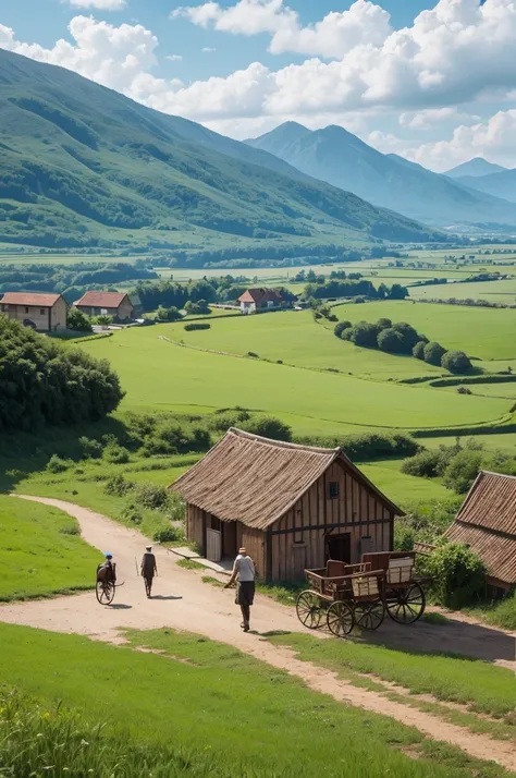 A small village with a farmer and his sturdy cart pulled by his horse 