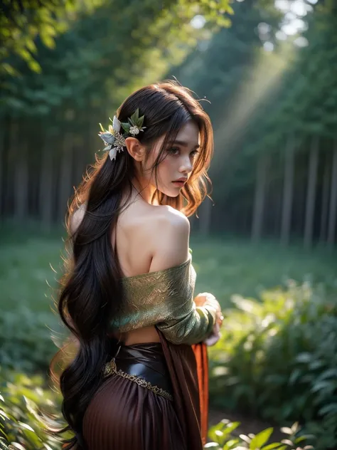 An alluring over-the-shoulder shot of a woman in an elf warrior costume, her determined gaze meeting the viewers. The mystical forest behind her is bathed in the warm glow of twilight. (over-the-shoulder shot: 1.5), (determined gaze pose: 1.4), (enchanted ...