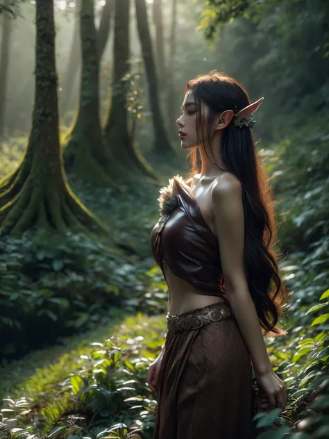 A captivating profile shot of a female elf warrior, her gaze fixed in the distance, lending an air of anticipation. The twilight-kissed mystical forest setting adds a layer of enigma to the image. (profile shot: 1.5), (focused pose: 1.4), (surreal forest: ...