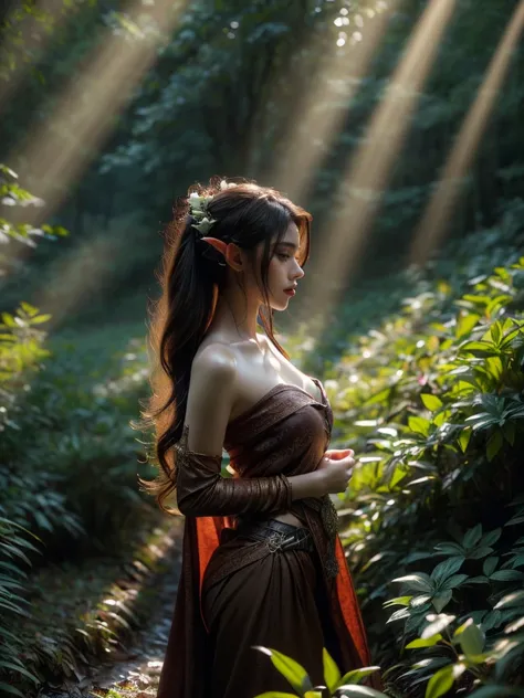 A captivating profile shot of a female elf warrior, her gaze fixed in the distance, lending an air of anticipation. The twilight-kissed mystical forest setting adds a layer of enigma to the image. (profile shot: 1.5), (focused pose: 1.4), (surreal forest: ...