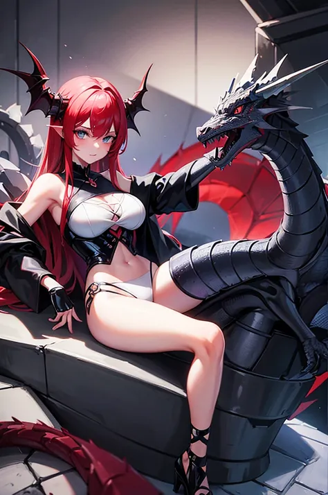 girl girl sitting on the head of a red-haired dragon,blue eye, gray dragon with silver scales,tail with thorns, beautiful girl sitting on the dragon&#39;s head