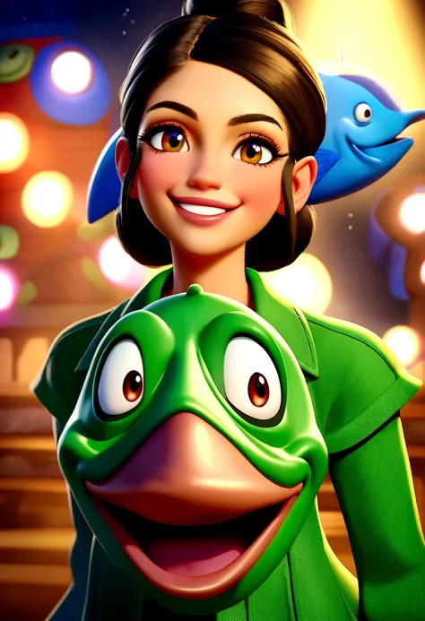 Imagem estilo pixar com personagem 3D mulher morena cabelo pretos com uma, Disney makeup,fisherman, cute, smiling ,close up, pixar, Disney, cinema lighting,