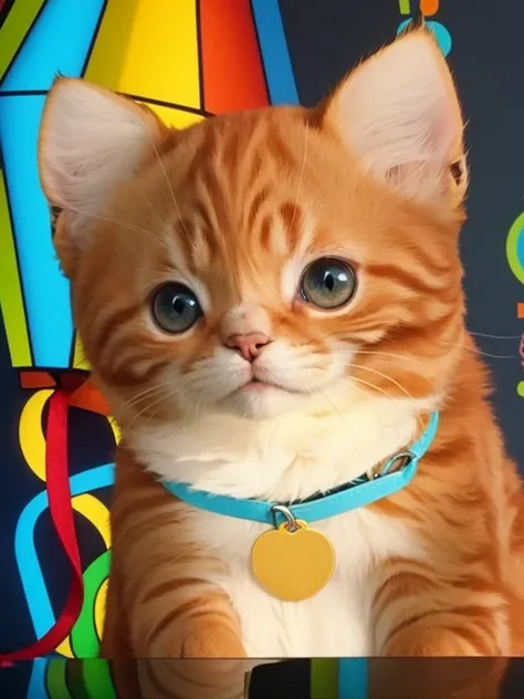 A furry orange kitten with a blue collar around its neck.