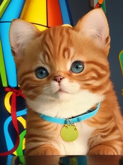 A furry orange kitten with a blue collar around its neck.