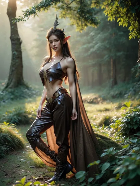 An alluring long-shot photo of a female garbed as a beguiling elf warrior, nonchalantly leaning against a tree in an enigmatic forest. Her leather and lace wardrobes highlight her athletic body, under an ethereal twilight radiance. (solo), (elf warrior cos...