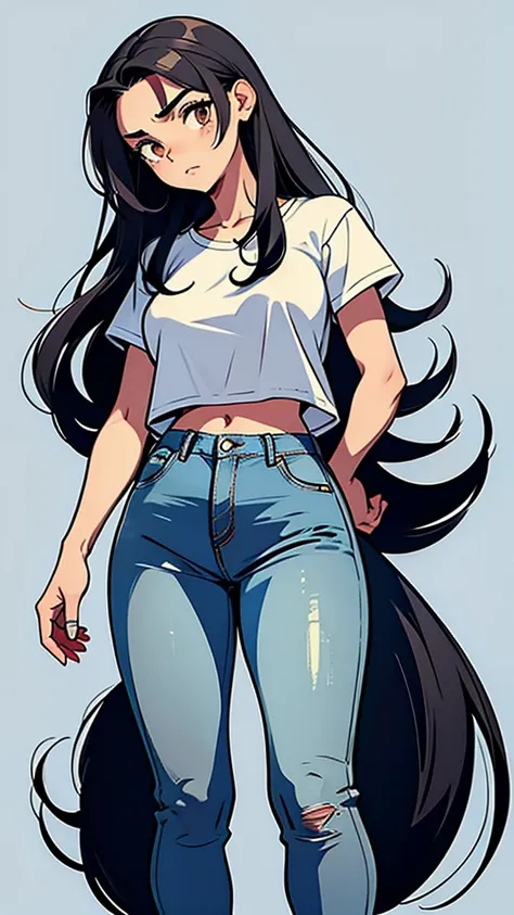 Andrea was taller, only her character was more closed and serious, jeans and a white t-shirt. Black long hair. Comic style