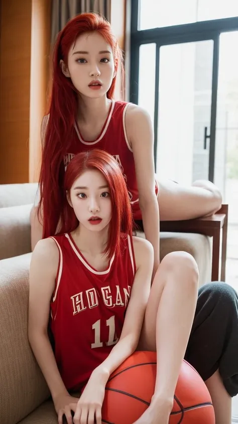 A young Korean woman with red dyed hair, pale skin, thin body. She is wearing a red basketball jersey. She is looking at the viewer, and her easy expression is sensual. Full body. The setting is a living room and she is relaxing sitting on the sofa. Master...