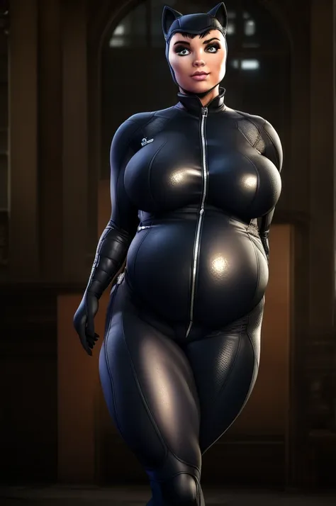 (masterpiece quality1.1), (insanely sophisticated detailed1.2), (realistic detailed beautiful face1.3), (1girl), beautiful face, RAW photo, best quality, high resolution, (masterpiece), Catwoman, DC Comics, skintight black catsuit, standing in art museum a...