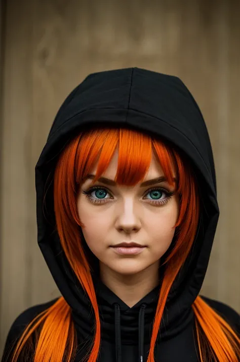 Lythe doll with orange hair with black highlights and side bangs, also green eyes with brown in the middle and dressed in a black hoodie