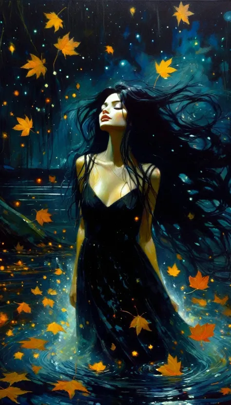 -girl, long black dress with straps, long black hair, eyes closed on the river, murky water, falling leaves, dark tone,magic, fantastic, night sky, stars, background, (art inspired by Bill Sienkiewicz). oil painting)
