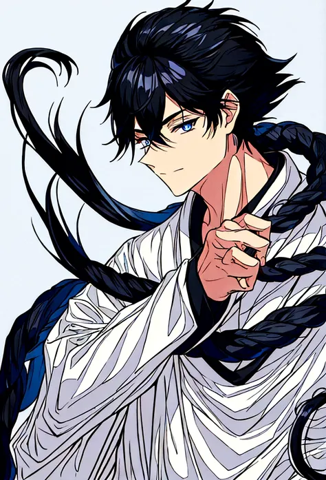 Teenager boy, black hair, scar in his eye, tied hair, serius face, dark blue eyes, balck and white kimono