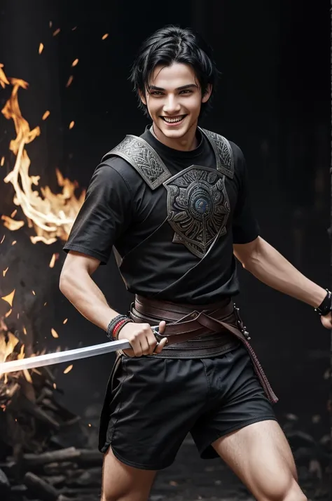 a young warrior, fight with fire and swords, always smiles, black hair, blue eyes, he is thin, wear black clothes, shorts, t-shirt and bracelets, 