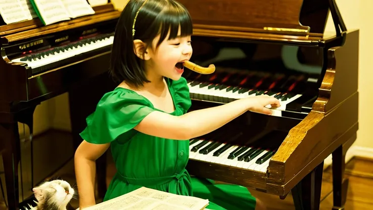 Create a impasto image of a beautiful young girl  vibrant green gown sitting at a piano singing mouth opened wide, with their fingers on the keys as if playing.  front a music note book Next to the individual, place a cat with its mouth open wide as if sin...