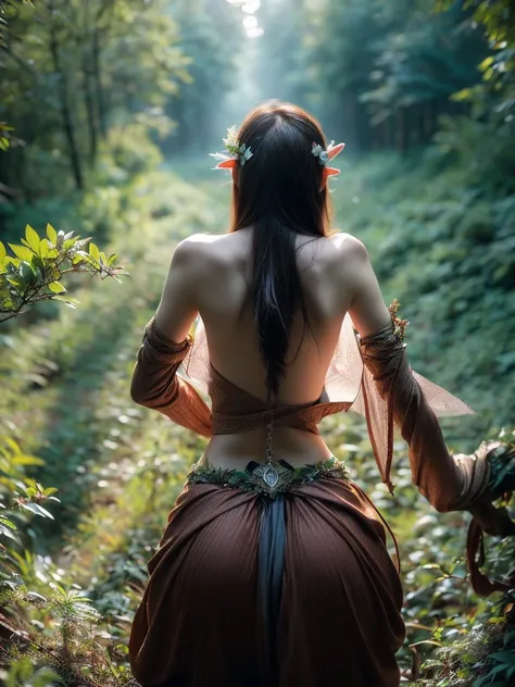 An intriguing bird-eye view of a female elf warrior, her back to the camera, revealing the intricate detailing of her costume against the magical forest setting. The photograph carries the soft twilight luminescence. (bird-eye view: 1.5), (back pose: 1.4),...