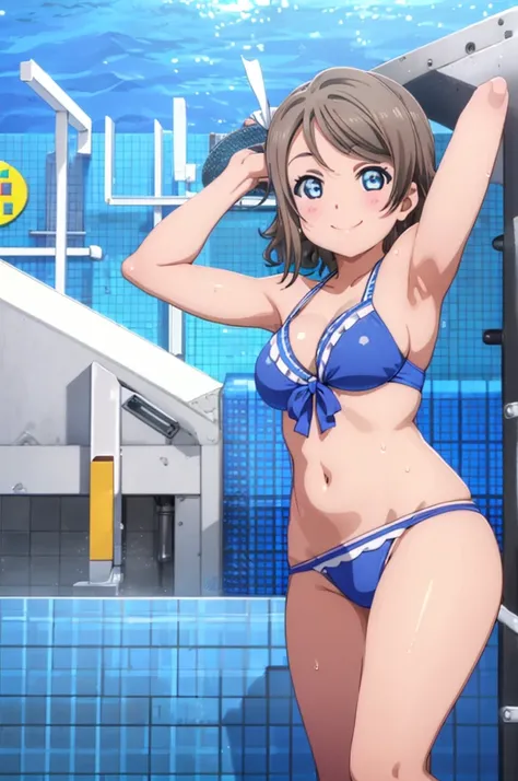 (((pixel-perfect, detail-perfect))), solo, 1girl, you watanabe, eyes azzur, smile, bikini, pool, wet body, armpit, big filesize, ultra High Qality