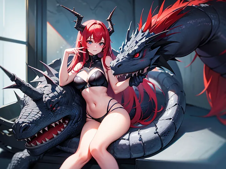 girl girl sitting on the head of a red-haired dragon,blue eye, gray dragon with silver scales,tail with thorns, beautiful girl sitting on the dragon&#39;s head