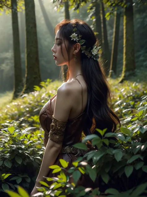 A captivating profile shot of a female elf warrior, her gaze fixed in the distance, lending an air of anticipation. The twilight-kissed mystical forest setting adds a layer of enigma to the image. (profile shot: 1.5), (focused pose: 1.4), (surreal forest: ...