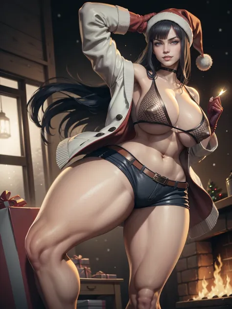 hyuga Hinata, standing alone, long  hair, Dark Blue Hair, mitts, bareshoulders, greeneyes, elbow mitts, lips, christmas, santa hat, red mitts, Santa Claus costume, Realistic, in cozy christmas workshop, Skimpy, fullcolor, hight contrast, intricate backgrou...