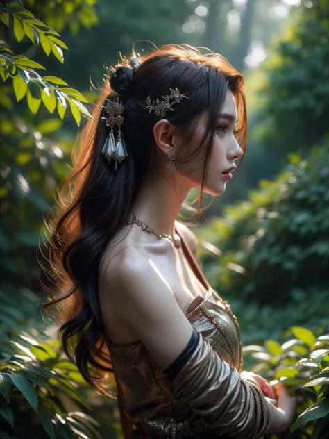 A captivating profile shot of a female elf warrior, her gaze fixed in the distance, lending an air of anticipation. The twilight-kissed mystical forest setting adds a layer of enigma to the image. (profile shot: 1.5), (focused pose: 1.4), (surreal forest: ...