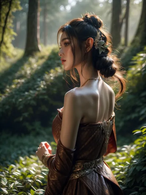 A captivating profile shot of a female elf warrior, her gaze fixed in the distance, lending an air of anticipation. The twilight-kissed mystical forest setting adds a layer of enigma to the image. (profile shot: 1.5), (focused pose: 1.4), (surreal forest: ...