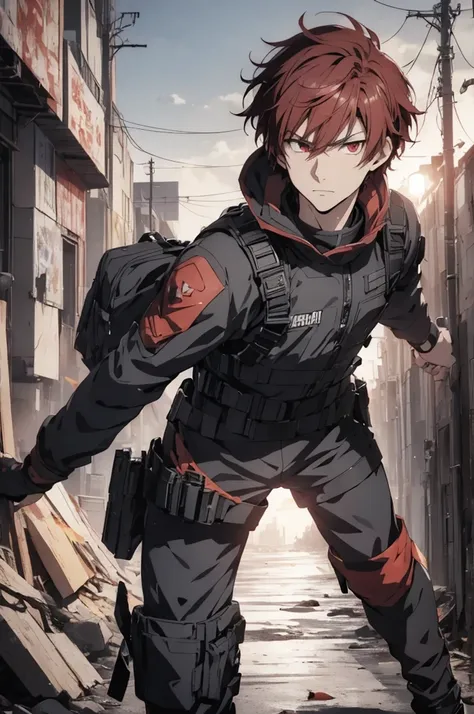 1 male, solo, red hair , anime character wearing combat suit, kaworu nagisa, anime handsome man, male anime character, tall anime guy with red eyes, hajime yatate, anime, fubuki, action anime pose, yukito kishiro, young anime man, official art, makoto kano...