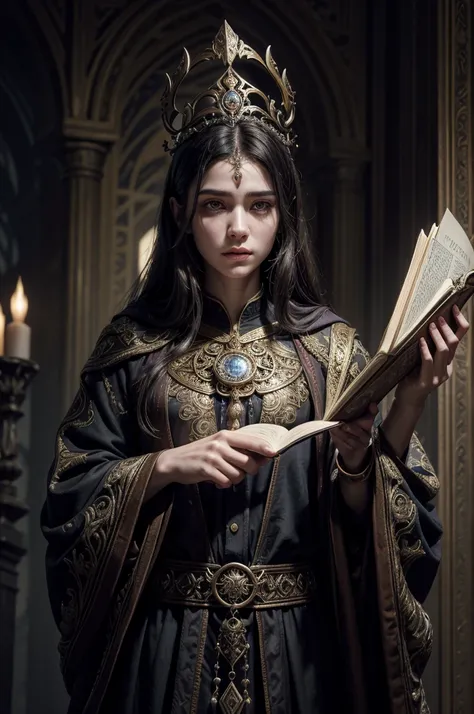 A highly detailed portrait of an Altmer mage-scholar hybrid, wearing ornate robes and holding an ancient tome, worshipping the Divinity Julianos, detailed face features, intricate clothing textures, dramatic lighting, fantasy art style, moody color palette