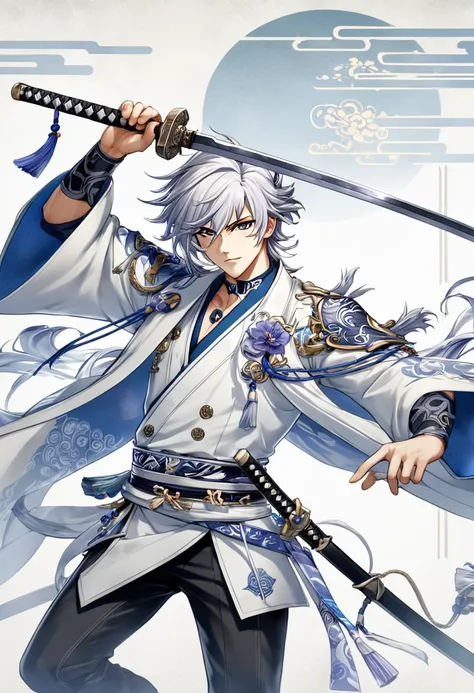 holding a sword、anime characters with gray hair, keqing of genshin impact, white-haired god, tall anime guy with blue eyes, male...