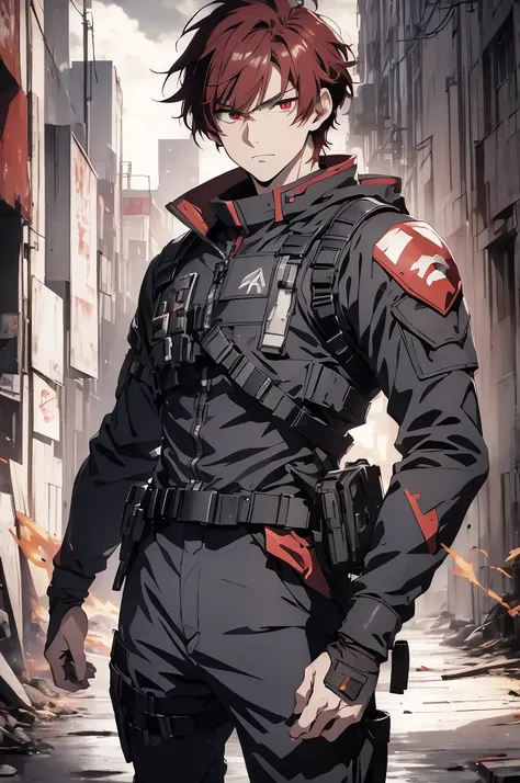 1 male, solo, red hair , anime character wearing combat suit, kaworu nagisa, anime handsome man, male anime character, tall anim...