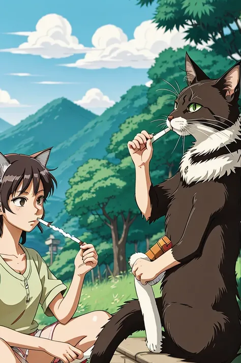 2d studio ghibli anime style, a cat smoking a blunt of weed with air pods