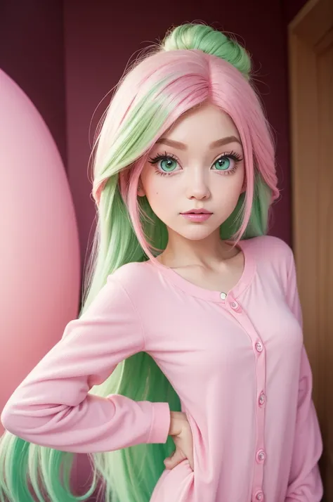 Create in the Disney Pixar Inside Out style, a character all pink with long green hair and brown eyes, wearing feminine pajamas and very big and beautiful eyelashes, I want the background to be all white