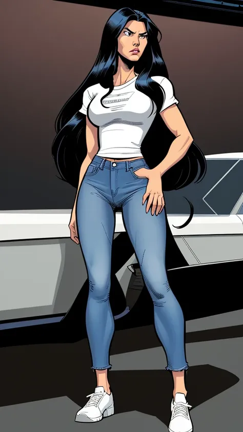 Girl pretty, black long hair, taller, her character was serious, jeans and a white t-shirt. Comic style. Marvel comics, beautiful woman