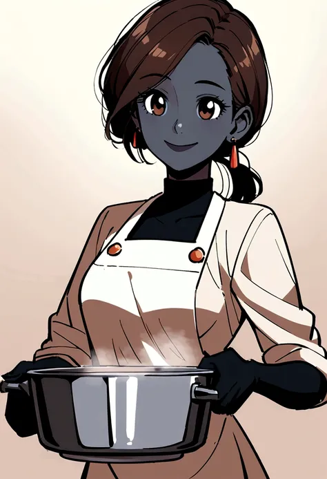 Create a Disney Pixar Poster. A woman chef. This woman has dark brown hair, shoulder length hair, is smiling happily, eyes browns, small eyes. She wears small earrings. She has black skin. She&#39;s stirring a pot.