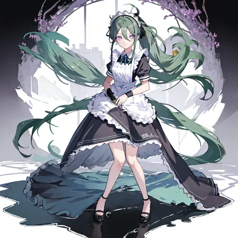 best quality, masterpiece, highres, solo, {maid:1.40}, {long maid dress:1.15}, {kuki_shinobu_genshin:1.15}, green_hair, purple_e...