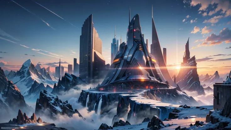 make a futuristic city on top of a mountain. as if it were in denali in alaska. the city must be very advanced and beautiful. ma...