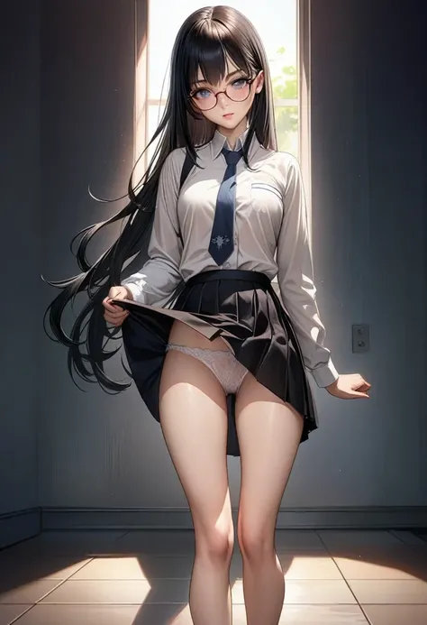 Anime Girls with long black hair and glasses posing in a room, seductive Anime Girls, a hyperRealistic , Beautiful anime school girl, hyperRealistic , Realistic , beautiful Anime Girls squatting, Beautiful and attractive anime teen, attractive Anime Girls,...