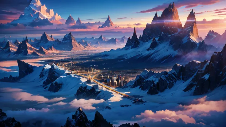 make a futuristic city on top of a mountain. as if it were in DENALI in Alaska. the city must be very advanced and beautiful. make a wallpaper of it in 8k. beautiful, full of life and technology. millennia in the future