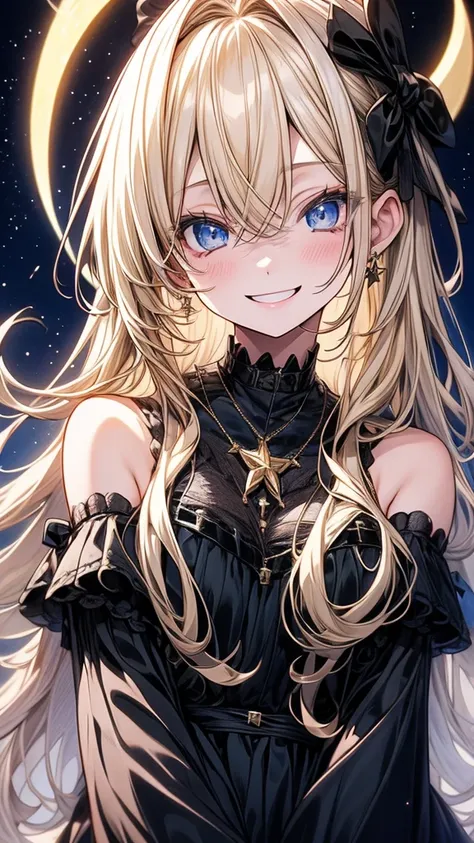 Blonde、One knot、Blue Eyes、Black Star Dress、Gorgeous dress、Starry Sky、Moon ornament、Lady、Overbearing、smile、4K、high resolution、masterpiece