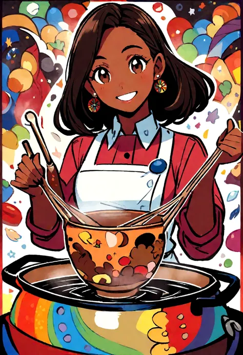 Create a Disney Pixar Poster. A woman chef. This woman has dark brown hair, shoulder length hair, is smiling happily, eyes browns, small eyes. She wears small earrings. she has dark skin. She&#39;s stirring a pot.