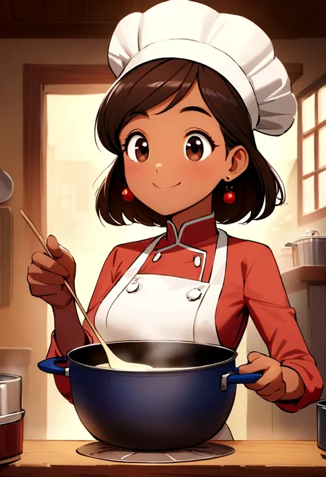 Create a Disney Pixar Poster. A woman chef. This woman has dark brown hair, shoulder length hair, is smiling happily, eyes browns, small eyes. She wears small earrings. she has dark skin. She&#39;s stirring a pot.